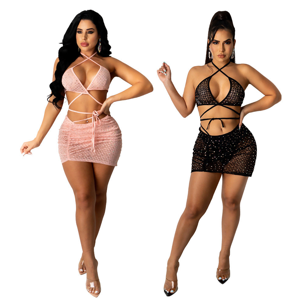 Luxurious 2 Piece Set Sheer Mesh Mini Skirts Club Outfits Women Summer