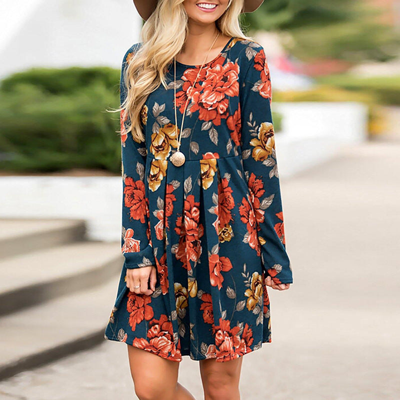 Women's Elegant Floral Dresses A-line Long Sleeve High Waist O-neck