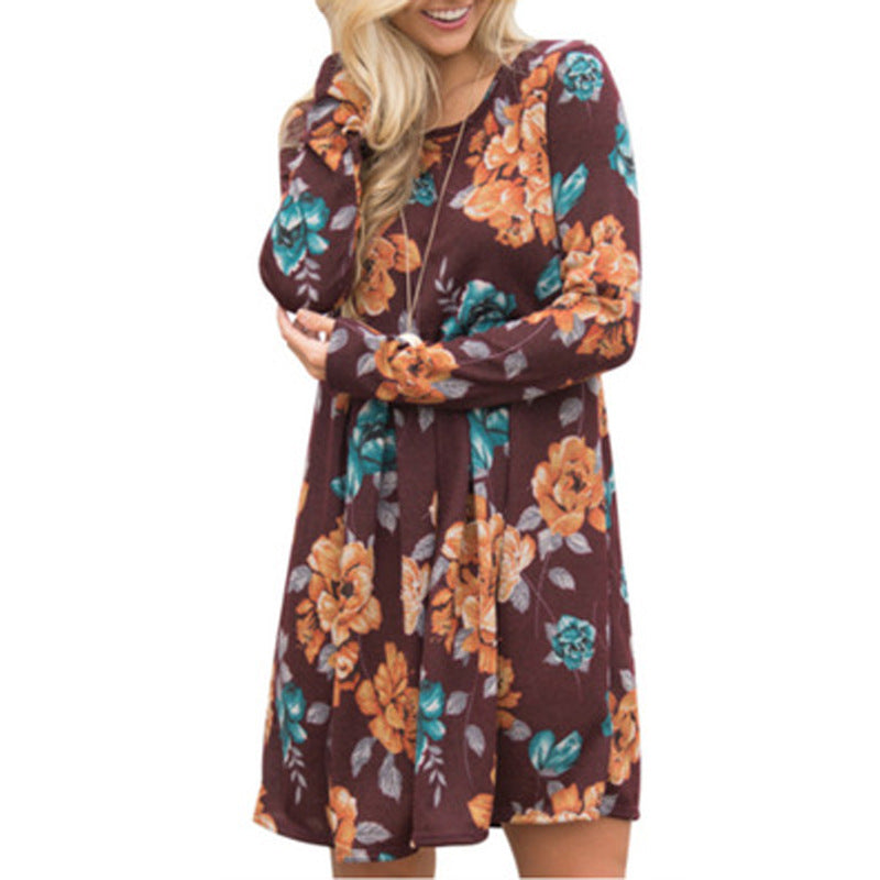 Women's Elegant Floral Dresses A-line Long Sleeve High Waist O-neck