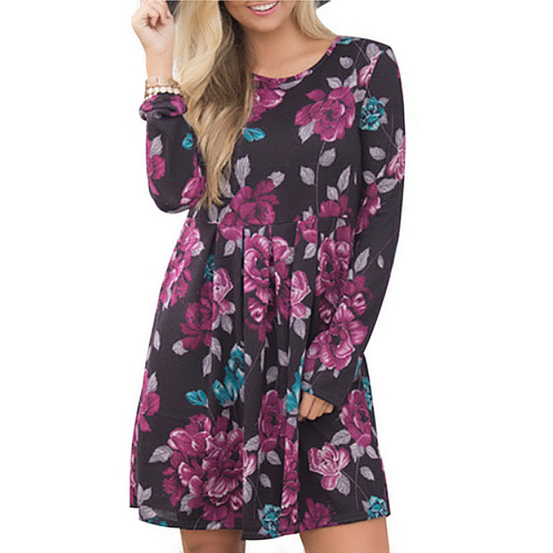 Women's Elegant Floral Dresses A-line Long Sleeve High Waist O-neck