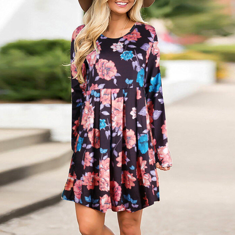 Women's Elegant Floral Dresses A-line Long Sleeve High Waist O-neck