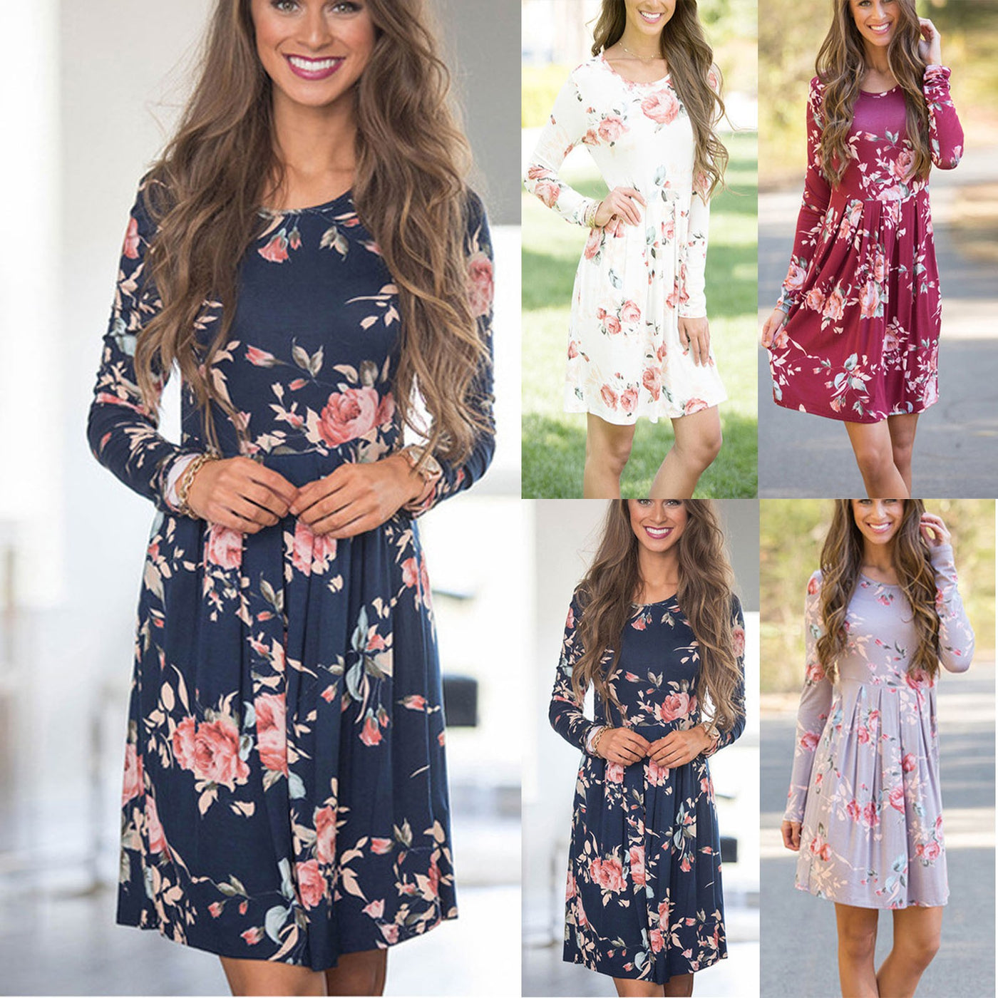 Women's Elegant Floral Dresses A-line Long Sleeve High Waist O-neck