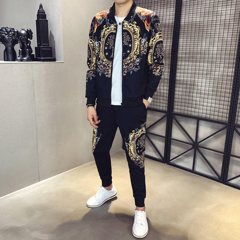 Men's Autumn Sports 2-Piece Gold Print Jacket Pant Tracksuit Suit New Men Sportswear Hombre Men's Casual Printing Suit