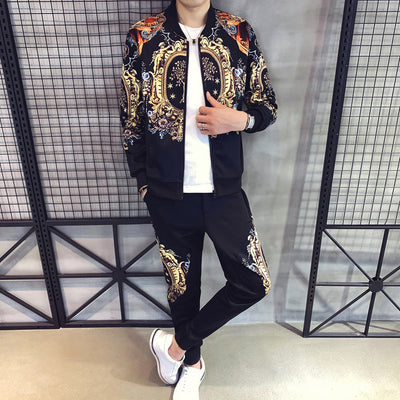 Men's Autumn Sports 2-Piece Gold Print Jacket Pant Tracksuit Suit New Men Sportswear Hombre Men's Casual Printing Suit