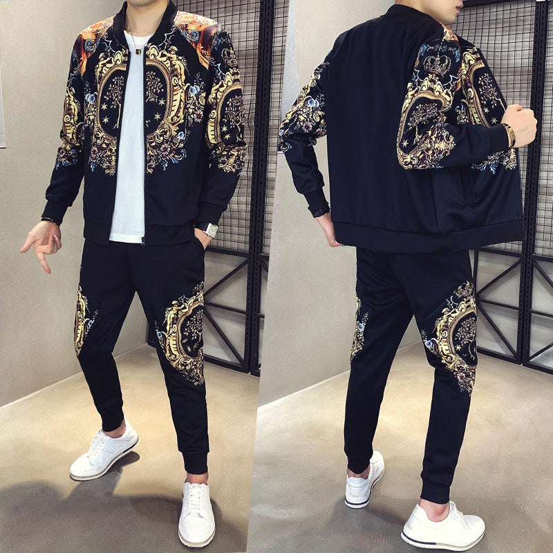 Men's Autumn Sports 2-Piece Gold Print Jacket Pant Tracksuit Suit New Men Sportswear Hombre Men's Casual Printing Suit