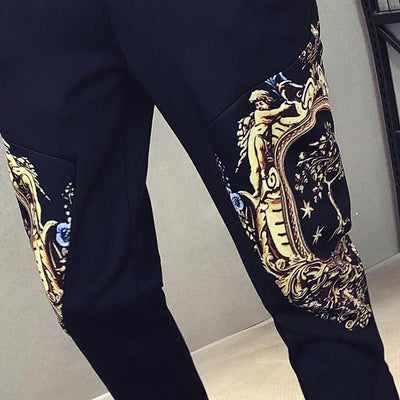 Men's Autumn Sports 2-Piece Gold Print Jacket Pant Tracksuit Suit New Men Sportswear Hombre Men's Casual Printing Suit