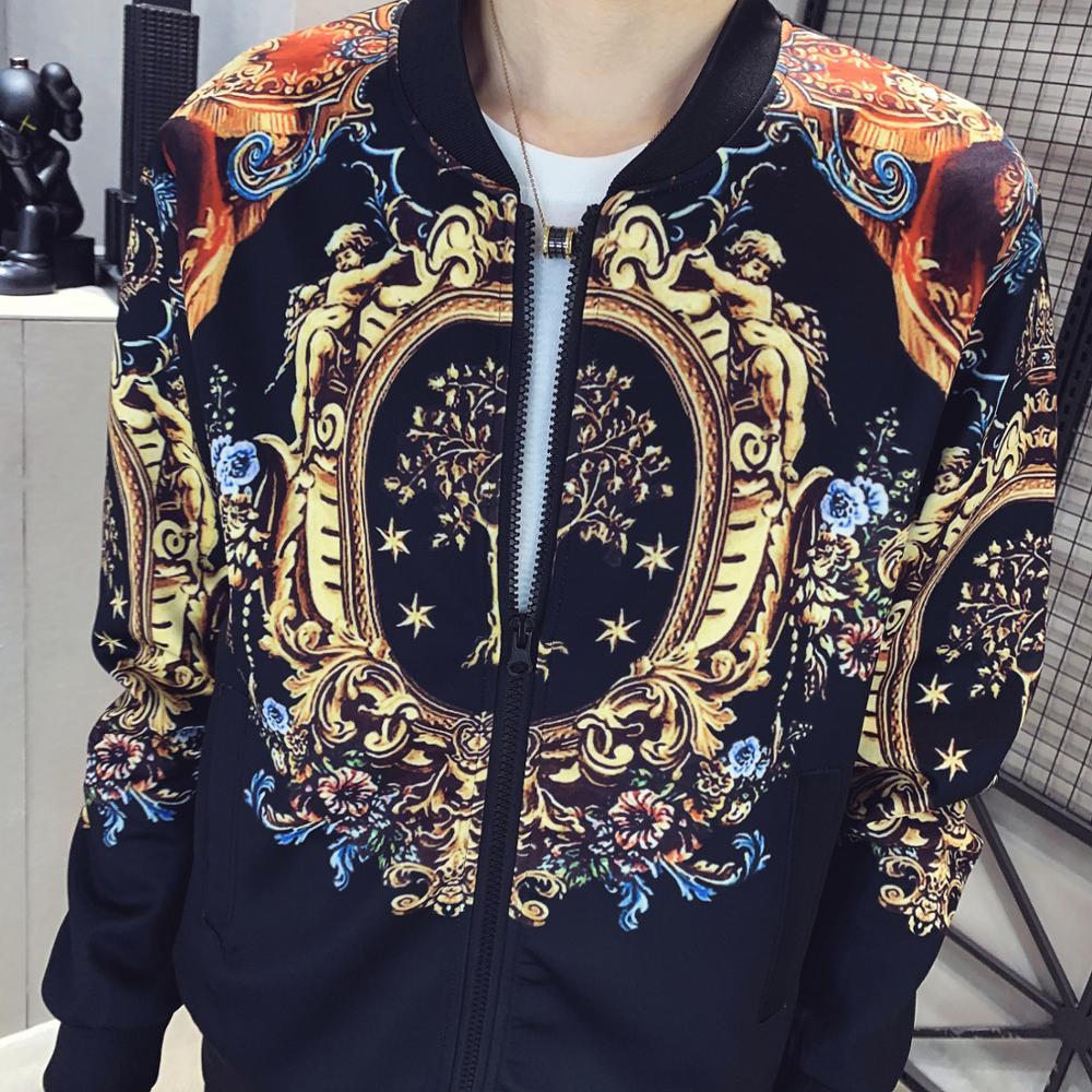 Men's Autumn Sports 2-Piece Gold Print Jacket Pant Tracksuit Suit New Men Sportswear Hombre Men's Casual Printing Suit