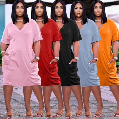 Women's Modesty Sexy Loose Color V-neck Casual Dress With Pockets