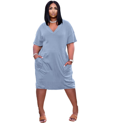 Women's Modesty Sexy Loose Color V-neck Casual Dress With Pockets