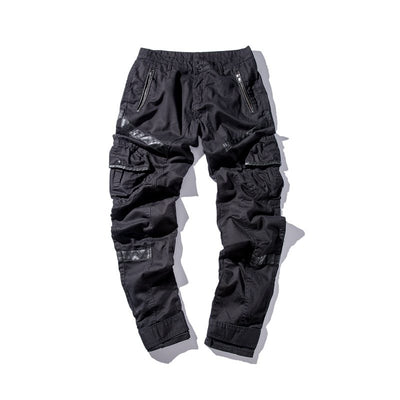 Men High Street Fashion Leather Pocket Splice Casual Cargo Pant Male Hip Hop Harem Pants Long Trousers