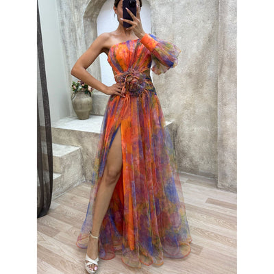 Mesh Tie-dye Off-shoulder Slit  Summer Dress INS Fashion Long  Party Dress For Womens Fashion