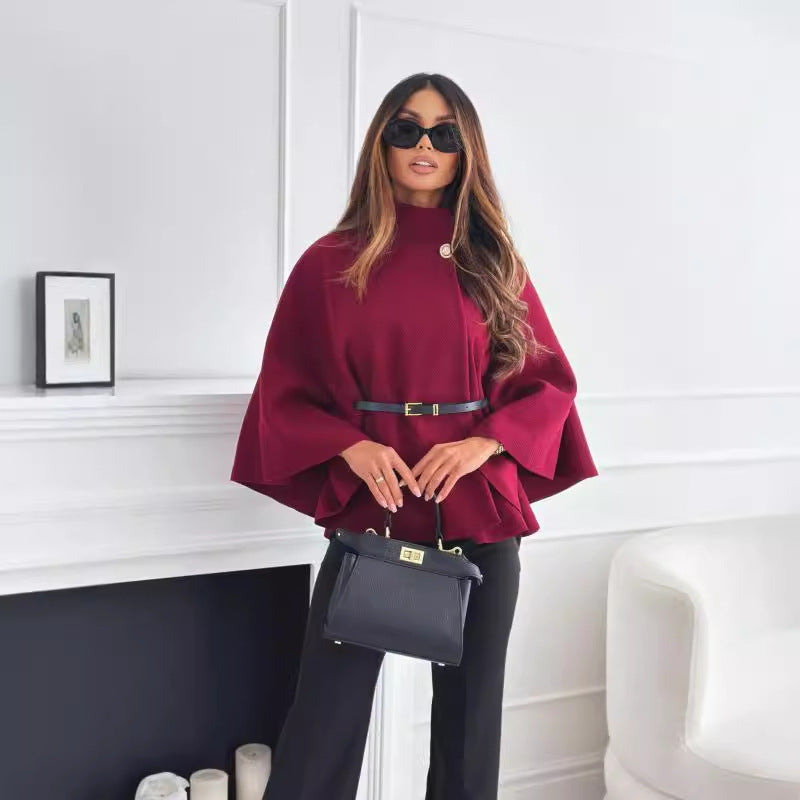 Women's Stand Collar Batwing Sleeves Cloak Top With Belt Ins Fashion Temperament Jacket Woolen Sweater Outwear