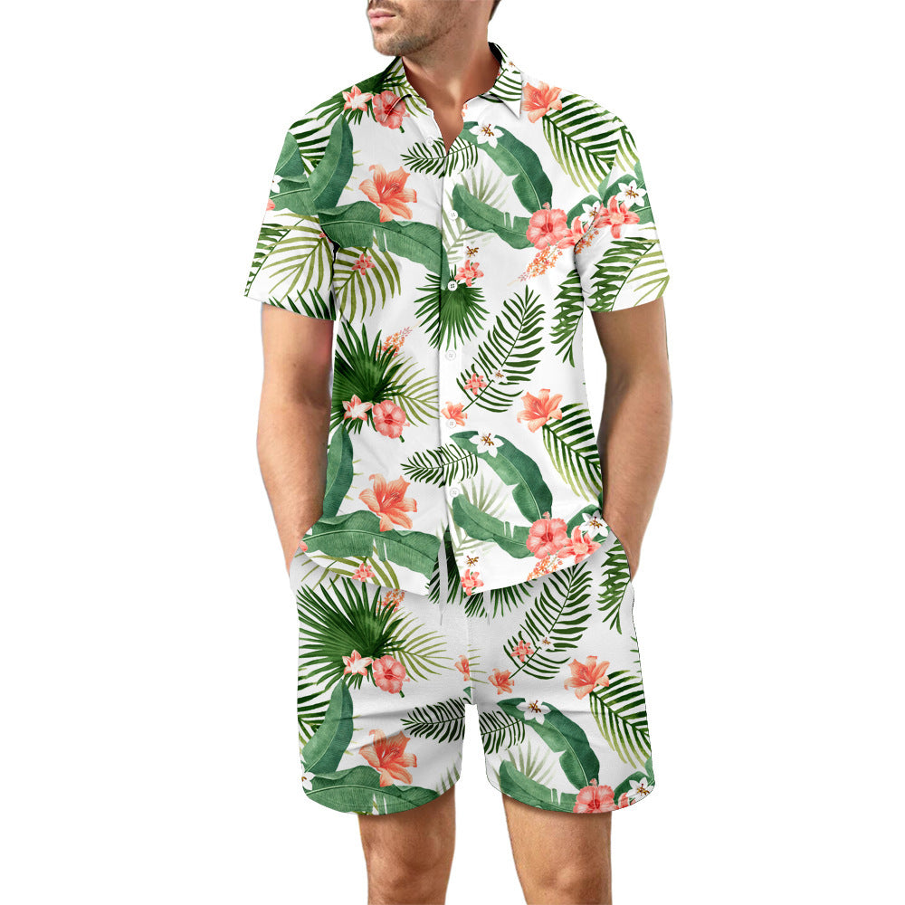 Men's Casual 2Pcs Printed Beach T-Shirt & Shorts Summer Suit Drawstring Pockets Shorts