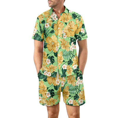 Men's Casual 2Pcs Printed Beach T-Shirt & Shorts Summer Suit Drawstring Pockets Shorts