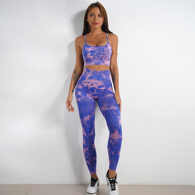 Women's Tie-dye Print Yoga Suit Women Fitness Sports High Waist Trousers Or Shorts Set