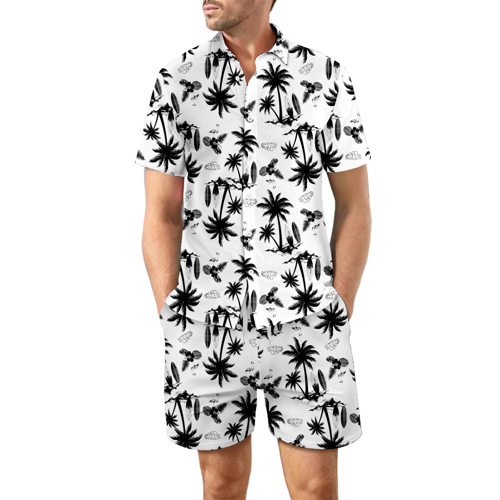 Men's Casual 2Pcs Printed Beach T-Shirt & Shorts Summer Suit Drawstring Pockets Shorts