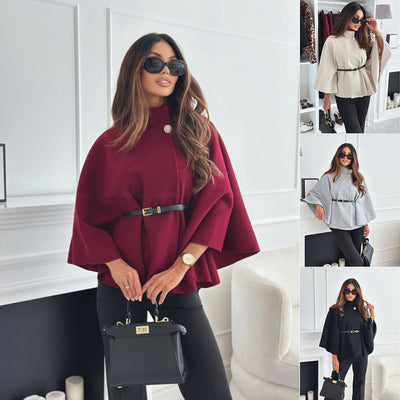 Women's Stand Collar Batwing Sleeves Cloak Top With Belt Ins Fashion Temperament Jacket Woolen Sweater Outwear