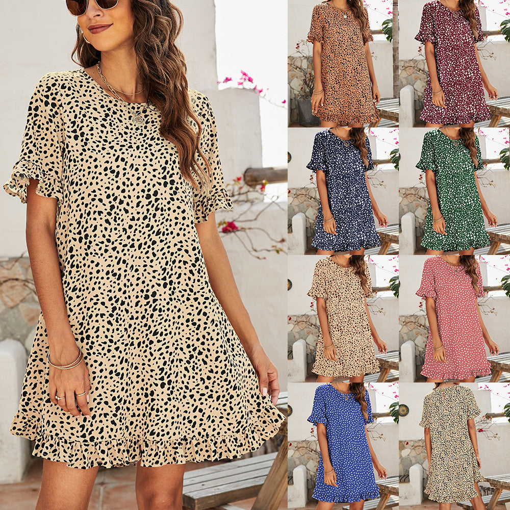 Women's Leopard Long Ruffle Print Round Neck Short Front And Back Dress