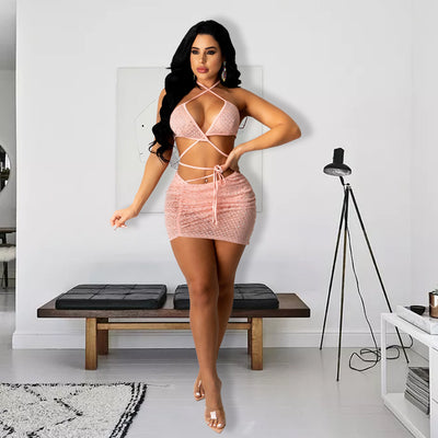 Luxurious 2 Piece Set Sheer Mesh Mini Skirts Club Outfits Women Summer