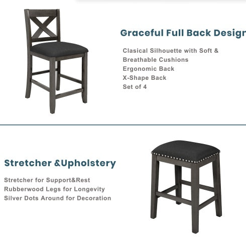 TOPMAX 5 Pieces Counter Height Rustic Farmhouse Dining Room Wooden Bar Table Set With 2 Stools And 2 Chairs, Gray