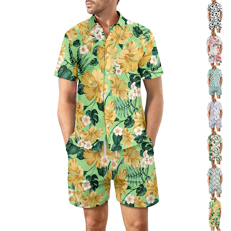 Men's Casual 2Pcs Printed Beach T-Shirt & Shorts Summer Suit Drawstring Pockets Shorts