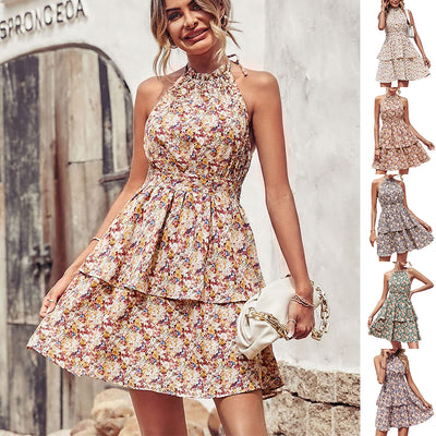 Women's Summer Halter Dress Fashion Boho Backless Ruffled A-Line Beach Dresses stylish Clothing