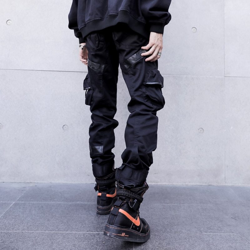 Men High Street Fashion Leather Pocket Splice Casual Cargo Pant Male Hip Hop Harem Pants Long Trousers