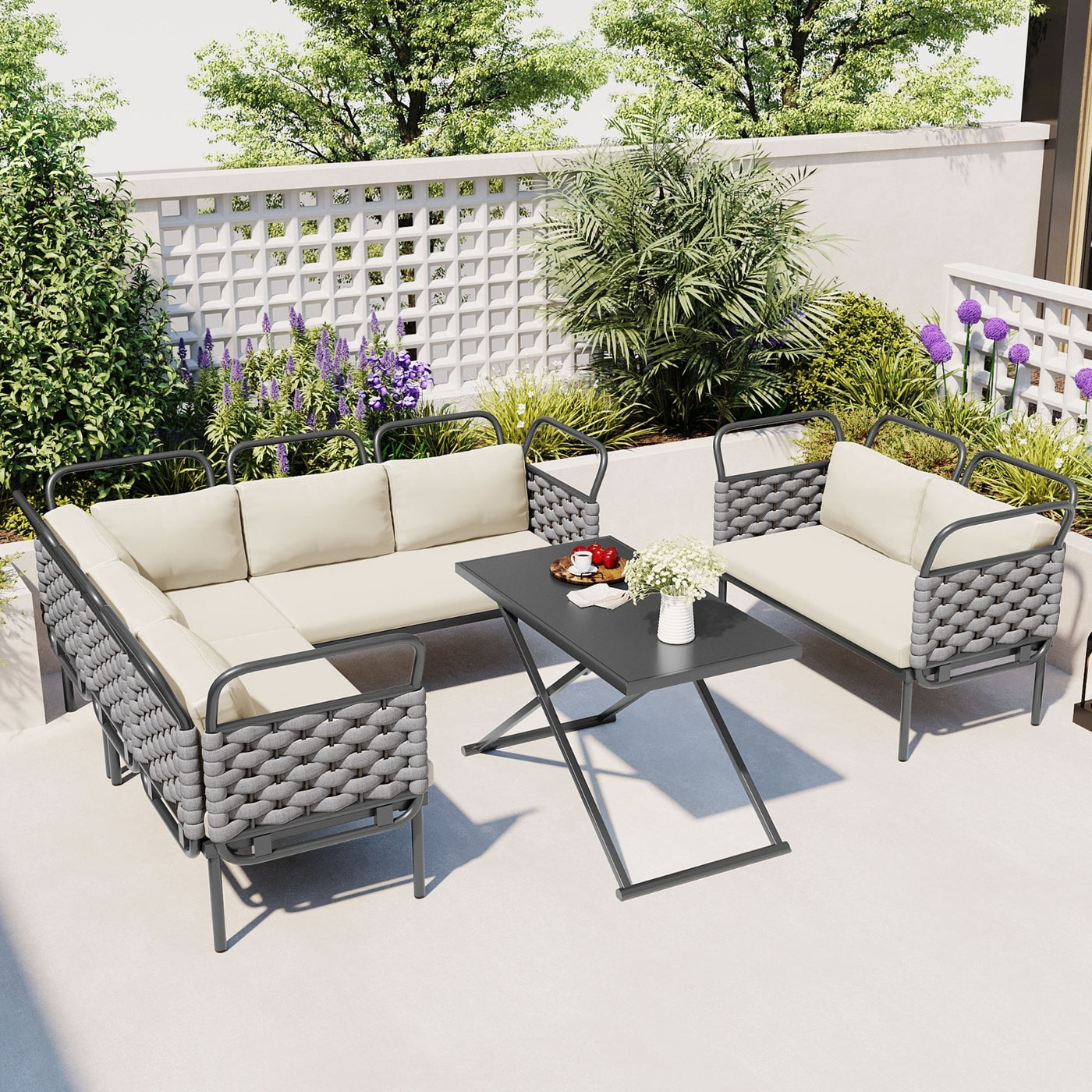 The Elegantic Furniture Set With Glass Table And TOPMAX 5-Piece Modern Patio Sectional Sofa Set Outdoor Woven Rope
