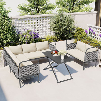 The Elegantic Furniture Set With Glass Table And TOPMAX 5-Piece Modern Patio Sectional Sofa Set Outdoor Woven Rope
