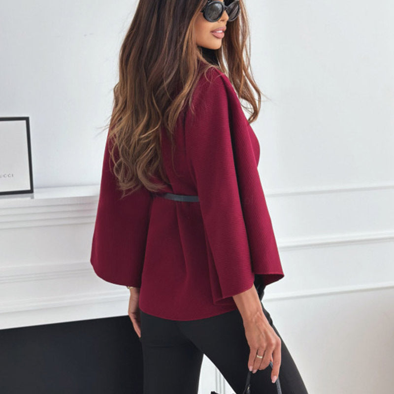 Women's Stand Collar Batwing Sleeves Cloak Top With Belt Ins Fashion Temperament Jacket Woolen Sweater Outwear