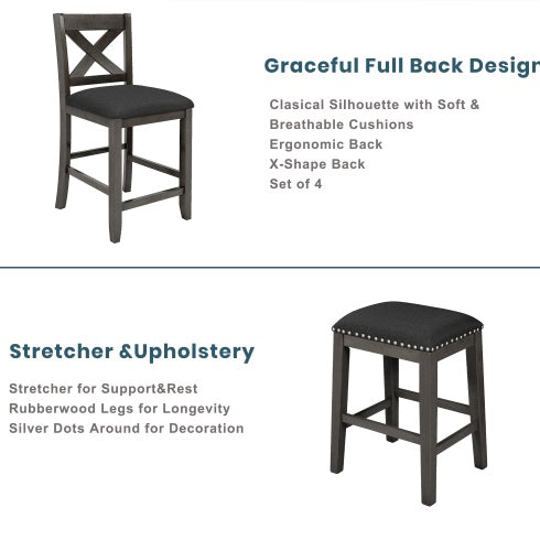 TOPMAX 5 Pieces Counter Height Rustic Farmhouse Dining Room Wooden Bar Table Set With 2 Stools And 2 Chairs, Gray