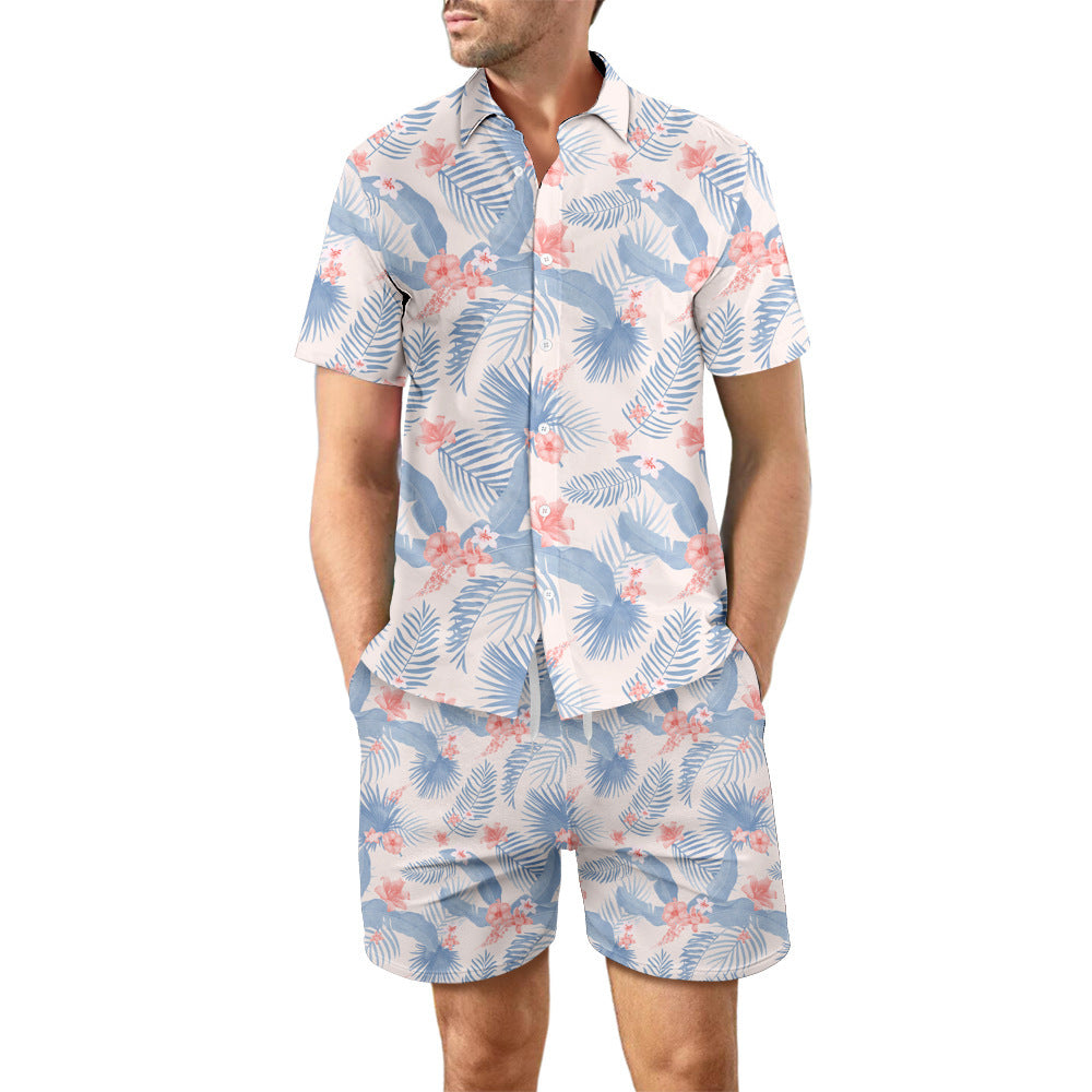 Men's Casual 2Pcs Printed Beach T-Shirt & Shorts Summer Suit Drawstring Pockets Shorts