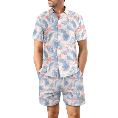 Men's Casual 2Pcs Printed Beach T-Shirt & Shorts Summer Suit Drawstring Pockets Shorts