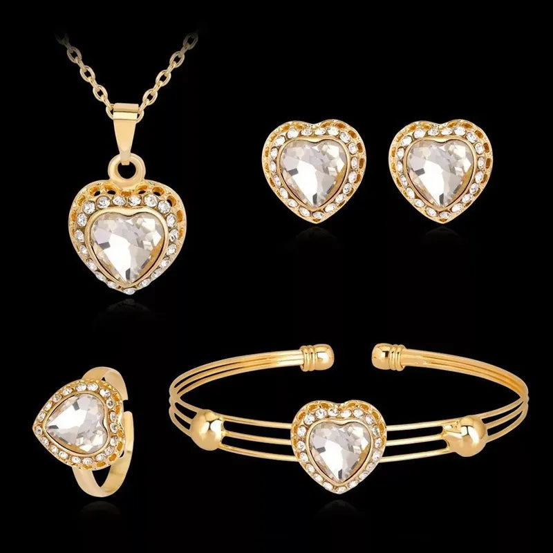 Jewelry Sets for Women, Crystal Pendant, Wedding Sets, Gold Plated Necklace, Bangle Earrings Ring Set