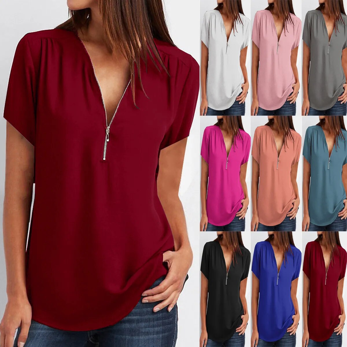 Women's Blouse, Fashion chiffon, Europe's hot style, V-neck zipper, Short sleeve, Loose upper Vestidos