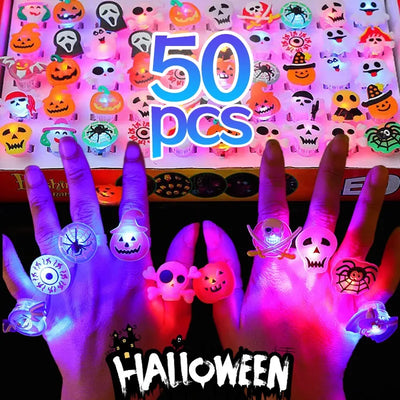 10/50Pcs Halloween Luminous Rings Creative Pumpkin Ghost Skull LED  for Children Finger Rings Toys Lights Jewelry Party Gifts