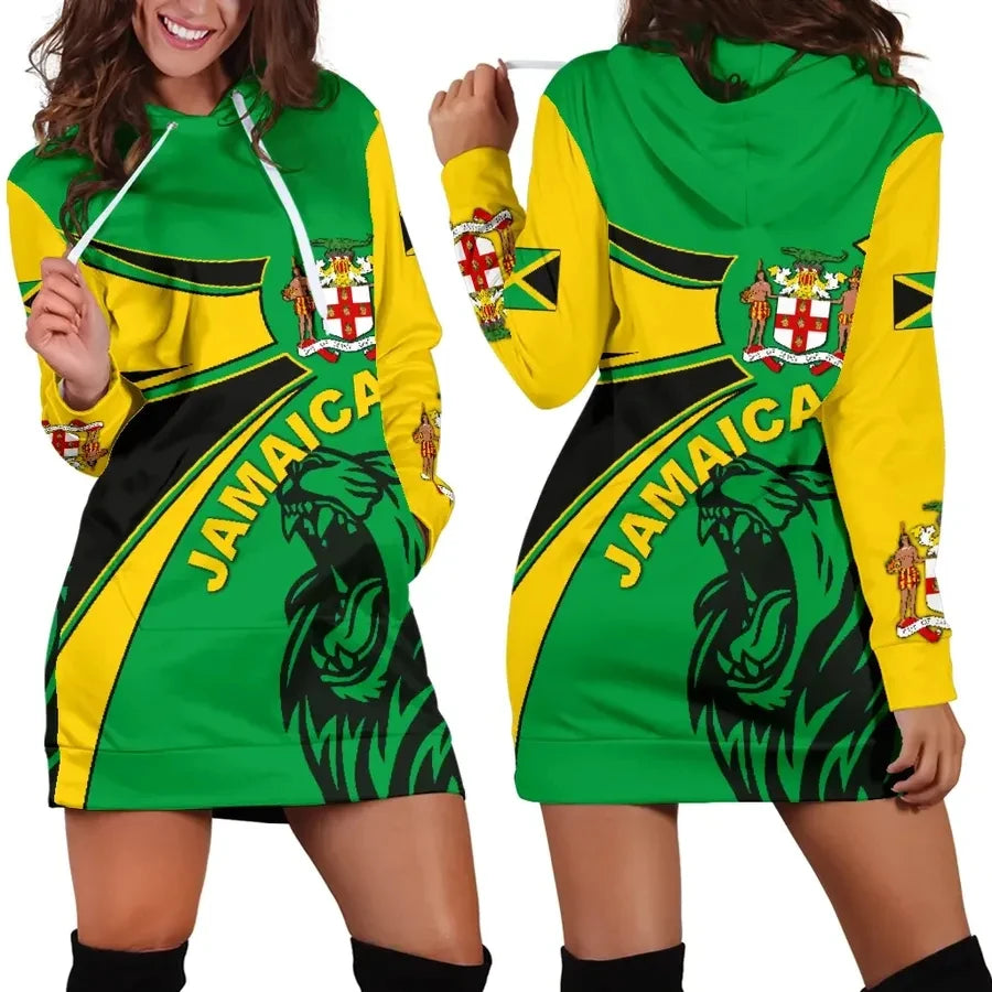 JAMAICA Country Flag Autumn Hoodie Dress Women Casual Wear Long Sleeve Hooded Dress