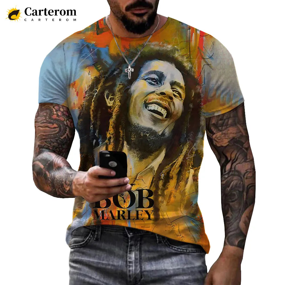 Bob Marley T-shirt Reggae music streetwear Casual men's tee Bob Marley fashion Short sleeve shirt Polyester top O-neck shirt Broadcloth fabric Men's casual wear Fashionable print tee