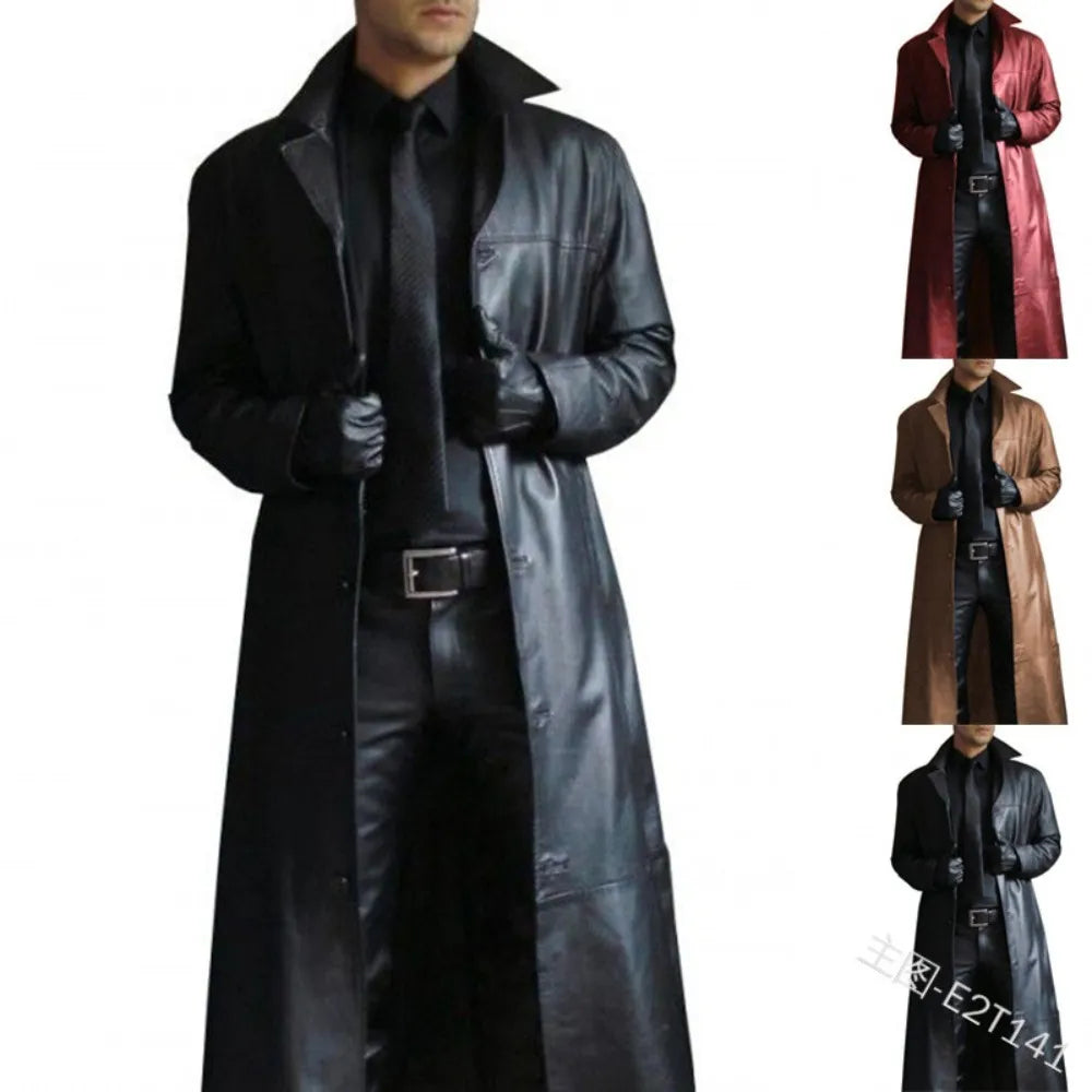 Men's Solid Color Trench Coat Slim Fit Leather Long Leather Jacket