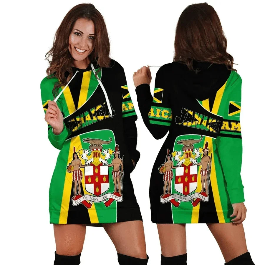 JAMAICA Country Flag Autumn Hoodie Dress Women Casual Wear Long Sleeve Hooded Dress