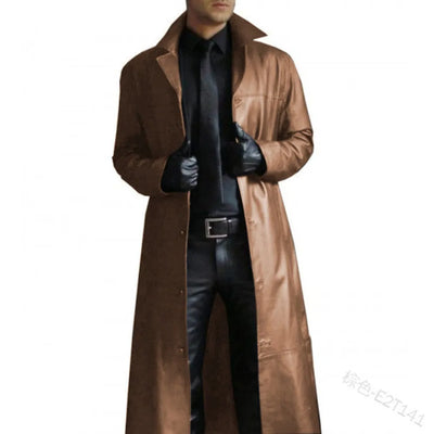 Men's Solid Color Trench Coat Slim Fit Leather Long Leather Jacket