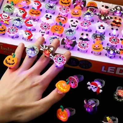 10/50Pcs Halloween Luminous Rings Creative Pumpkin Ghost Skull LED  for Children Finger Rings Toys Lights Jewelry Party Gifts