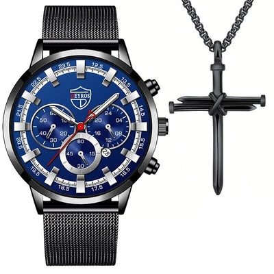  Men's luxury wristwatch set, DEYROS wristwatch and necklace, Luxury men's accessories set, Quartz wristwatch for men, Stylish men's wristwatch and necklace, DEYROS luxury watch and necklace set, Stainless steel men's accessories, Fashionable men's wristwatch and necklace, DEYROS men's jewelry set, Elegant men's wristwatch and necklace combo,