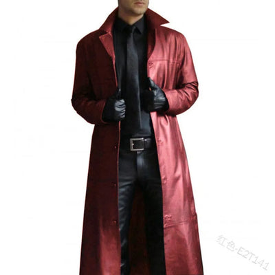 Men's Solid Color Trench Coat Slim Fit Leather Long Leather Jacket