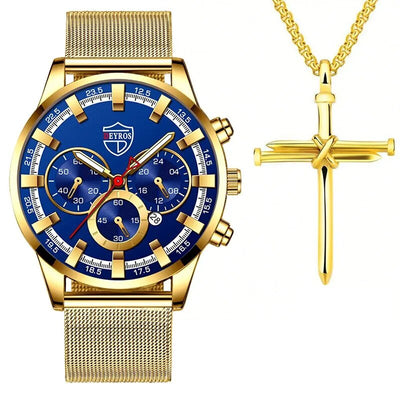  Men's luxury wristwatch set, DEYROS wristwatch and necklace, Luxury men's accessories set, Quartz wristwatch for men, Stylish men's wristwatch and necklace, DEYROS luxury watch and necklace set, Stainless steel men's accessories, Fashionable men's wristwatch and necklace, DEYROS men's jewelry set, Elegant men's wristwatch and necklace combo,