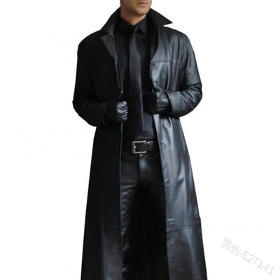 Men's Solid Color Trench Coat Slim Fit Leather Long Leather Jacket