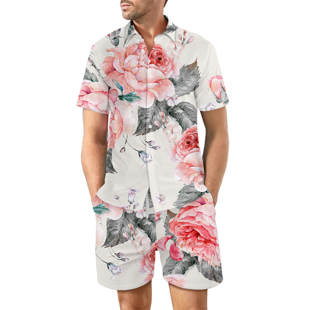 Men's Casual 2Pcs Printed Beach T-Shirt & Shorts Summer Suit Drawstring Pockets Shorts