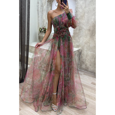 Mesh Tie-dye Off-shoulder Slit  Summer Dress INS Fashion Long  Party Dress For Womens Fashion