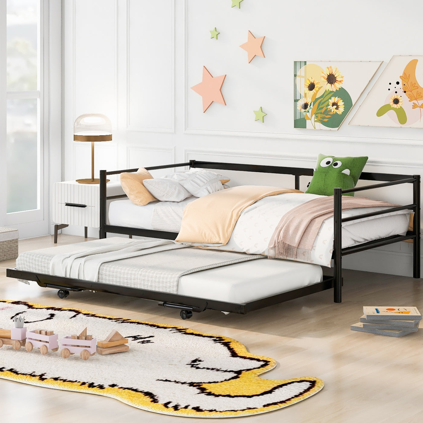 The Fabulous Twin Size Metal Daybed With Adjustable Trundle Up Trundle, Black