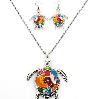 High Profile Fashion Punk Dripping Oil Rainbow Turtle Necklace And Earrings Suite